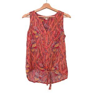 Lucky Brand Women's XS Red Orange Paisley Sleeveless Shirt Button Tie Knot Boho